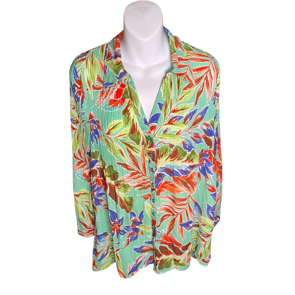 Sunny Leigh Women's XL 3/4 Bell Sleeve Pleated Tunic Top Tropical Boho Resort